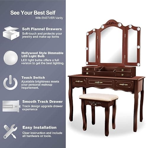 ENSTVER Vintage Vanity Desk with Mirror and Lights, Tri-Folding Mirrors, 6 Organization 7 Drawers Makeup Dress Vanity Table with Cushioned Stool-Espresso thumbnail 3