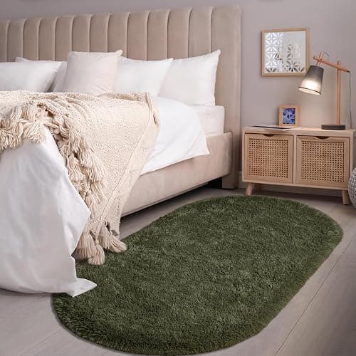 Softlife Fluffy Rugs for Bedroom, Shag Cute Area Rug for Girls/Boys and Kids Baby Room Home Decor, 2.6 x 5.3 Feet Oval Indoor Carpet for Nursery Dorm Living Room, Olive Green thumbnail 4