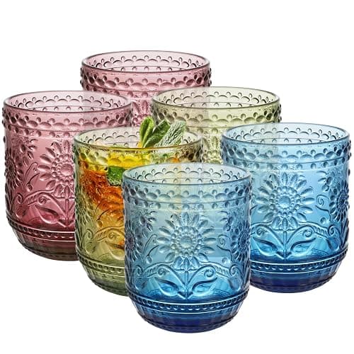 Topsky Vintage Colored Glassware Set of 6,12 oz Green Sunflower Drinking Glasses Set,Blue Drinkware Glasses for Wine,Cocktail,juice,Heavy Duty Glass Cups - Mixed Color 6pcs - 1 - Image 1