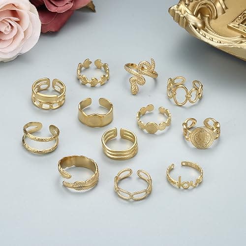 FIOROYAL 12Pcs 𝟏𝟖𝐊 𝐆𝐨𝐥𝐝 𝐏𝐥𝐚𝐭𝐞𝐝 Rings for Women Stainless Steel Stackable Rings Boho Signet Snake Ring Adjustable Open Ring Chunky Knuckle Rings Set Gold thumbnail 7