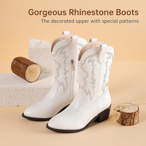 LAURMOSA Girls Cowboy Boots Pull On Cowgirl Boots Pointed Toe Mid Calf Western Boots for Little Kid Big Kid - 3 Big Kid - Rhinestone White thumbnail 3