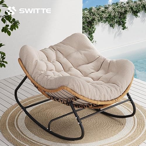 SWITTE Outdoor Rocking Chair, Oversized Patio Papasan Rocker, Comfy Wicker Reading Lounge, Indoor Egg Chair for Bedroom, Living Room, Porch, Garden, Lawn-Cream thumbnail 2