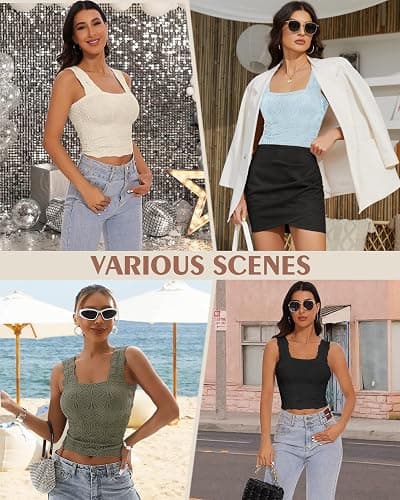 Women's Square Neck Wide Strap Crop Tank Tops Slim Fit Sleeveless Going Out Top Flower Lettuce Trim Cami Tops thumbnail 5