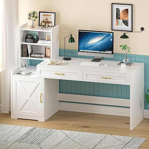 🌟YOMILUVE 60" Computer Desk with Drawers & Bookshelves, Home Office Desk with Storage Cabinet & Spacious Desktop, Writing Gaming Study Table with Bookcase, White - Image 1