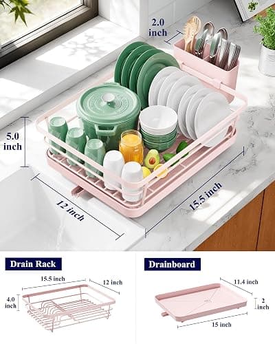 Kitsure Dish Drying Rack for Kitchen Counter, Stainless Steel Sink Organization and Storage Essentials with Cutlery Holder, Home and Appartment Decor, 12''W x 15.5''L, Pink thumbnail 2