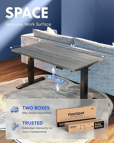 FLEXISPOT EN1 One-Piece Standing Desk, Electric Adjustable with 4 Memory Presets, 176 LBS Capacity, Stable & Quiet, Seamless Desktop for Home Office & Dual Monitors, 48"x24" Gray Wood thumbnail 5