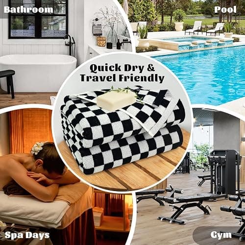Jacquotha Black & White Checkered Cotton Bath Towels Set of 2 - Cute Aesthetic Bathroom Towels for Bathroom Decor 27.5" x 55" thumbnail 6