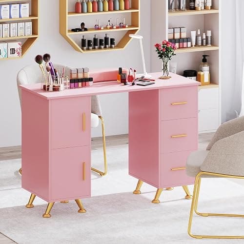 WELLHUT Nail Table for Nail Tech, Manicure Table w/Movable Wrist Rest, Acetone Resistant Nail Desk Salon Station Workstation with 3 Drawers, 2 Large Cabinets for Home Office Spa Beauty Salon thumbnail 2