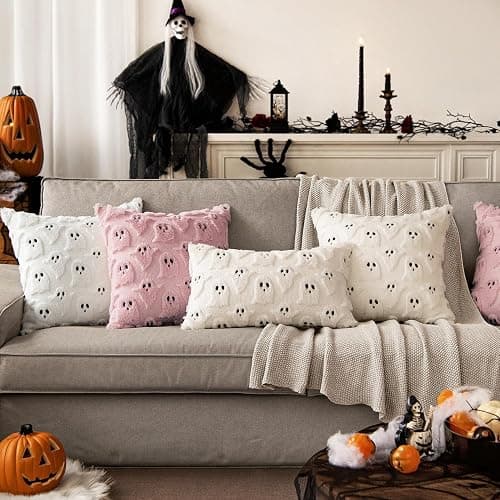 MIULEE White Halloween Pillow Covers Cute Ghost Decor Set of 2 18x18 | Soft Plush Faux Fur, Spooky Decor, Fall Decorative Throw Pillows for Couch Sofa Bed Porch Living Room thumbnail 5