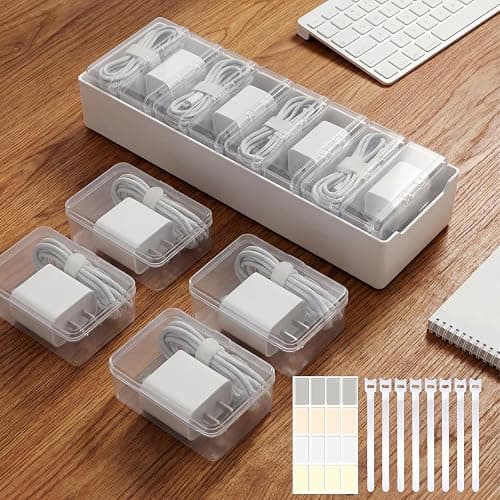 Alouxop 8 Individual Cable Organizer Boxes With Base, Cord Storage Organizer With Labels And Cable Straps For Charging Cables, Adapters, Earphones (8 pcs Individual Cable, 1 Pack) - Image 1