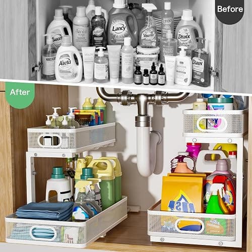 Under Sink Organizer, High Adjustable 2 Tier Under Sink Organizers and Storage, Slide Out Metal Cabinet Organizers, Pull Out Sink Storage Drawer Shelf for Kitchen Bathroom Cabinet, White, 2 Pack thumbnail 3