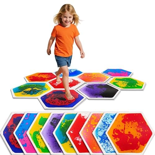 JUEOQOY Sensory Floor Tiles for Kids Ages 3+ – Hexagon Step-On Tiles with Textured Non-Slip Base, Colorful Liquid Motion for Interactive Play in Playroom or Classroom (9 Pack) - Image 1