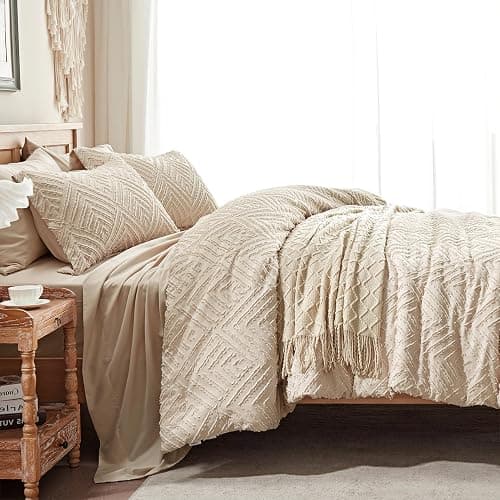 Zzlpp Full Comforter Set 7 Pieces, Beige Tufted Bed in a Bag with Comforter and Sheets, All Season Boho Bedding Sets with 1 Comforter, 2 Pillow Shams, 2 Pillowcases, 1 Flat Sheet, 1 Fitted Sheet thumbnail 4