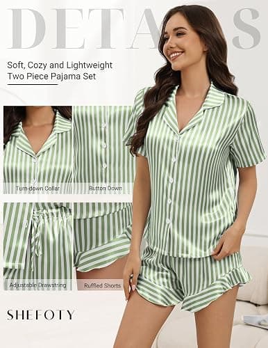 SHEFOTY Silk Pajamas for Women Button Down 2 Piece Satin Pjs Shorts Set Ruffle Notch Collar Sleepwear Loungewear thumbnail 5