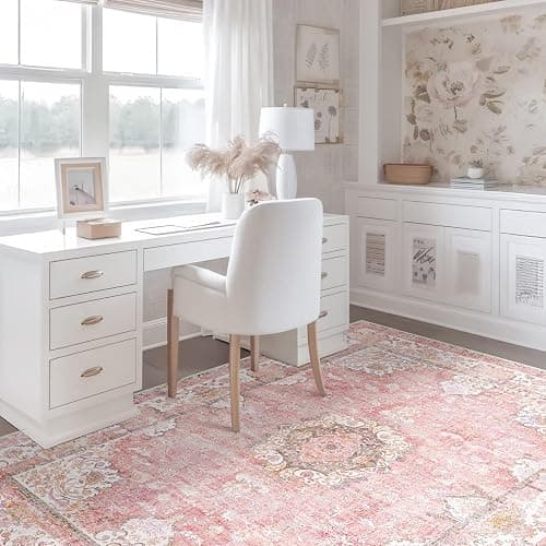 Castage Pink Rug 3'x5',Washable Area Rugs for Bedroom Living Room Kitchen Entryway Bedside,Small Boho Vintage Bohemian Distressed Oriental Non Slip Carpet,Blush Floral Flowers thumbnail 4