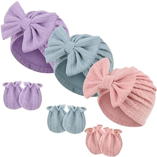 DRESHOW Neugeborenes Baby Mütze Hut und Handschuhe Set Beanie Bekleidung Unisex Infant Hut Kindergarten Mütze Baby Jungen Mädchen 0-6 Monate - 3 Sets: Bow Hats & Mittens 58-c07 - Image 1