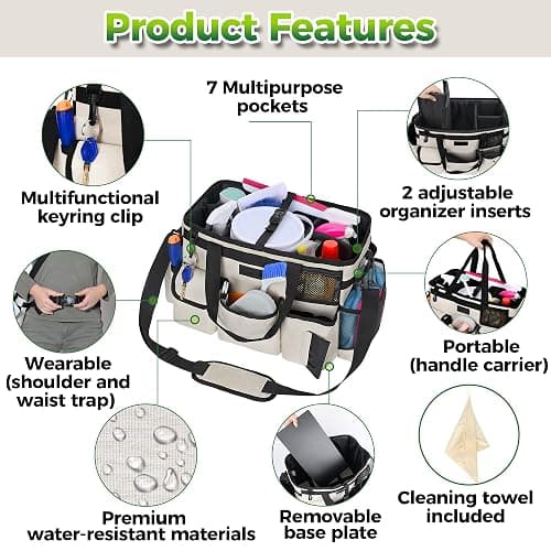 Cleaning Caddy Organizer with Handle - Large Caddy Bag for House & Bathroom Cleaning Supplies, 15 x 8 x 10.5 inches Cleaning Supply Caddy, Housekeeping Tote with Adjustable Strap - Beige thumbnail 4