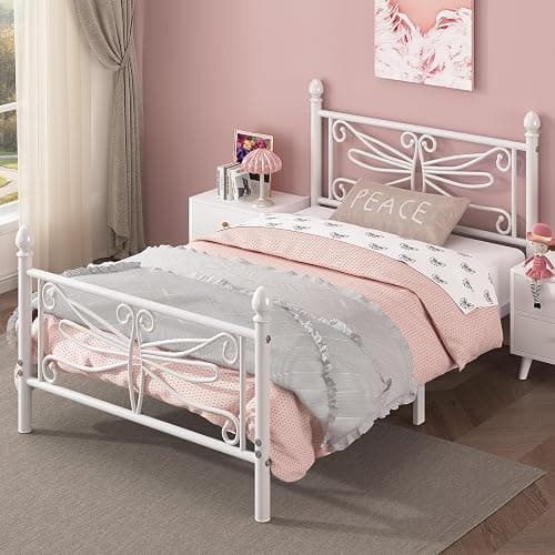 E-Ser Twin Size Bed Frame, Metal Platform Bed Frame with Dragonfly Pattern Headboard and Footboard, Strong Metal Slats Support, No Box Spring Needed, Easy Assembly, Noise-Free, White thumbnail 9