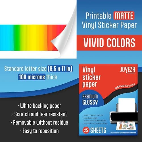 JOYEZA Premium Printable Vinyl Sticker Paper for Inkjet Printer - 25 Sheets Glossy White Waterproof, Dries Quickly Vivid Colors, Holds Ink Well - Inkjet & Laser Printer thumbnail 2