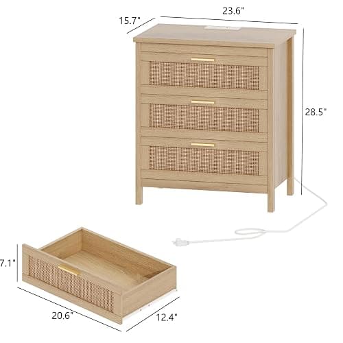 Keehusux Rattan Nightstand with Charging Station, 23.6" Wide Bedside Table with 3 Drawers, Boho Night Stand with Metal Handles, Accent End Table for Bedroom, Guest Room, Natural thumbnail 2