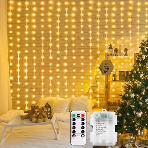 DBFAIRY 2x2M Lichtervorhang innen, 200 LED Lichterketten Vorhang mit 8 Modi Fernbedienung Timer, Batterie Lichterkette Vorhang Wasserfest für Party Hochzeit Innen und außen Deko (Warmweiß) - Image 1