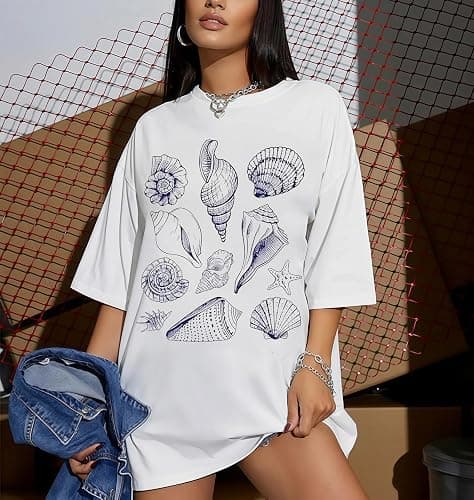 Oversized Graphic Tshirt for Teens Women Cute Floral Ocean Print Baggy Tops Summer Beach Vintage Aesthetic Coastal Tee thumbnail 2