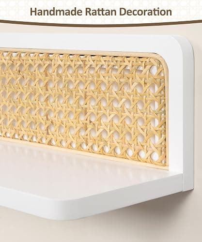 Maxpeuvon Rattan Floating Shelves, Boho Cane Webbing Wall Shelves Farmhouse Display Storage Organizer White Bookshelves Wicker Room Decor for Living Room Bedroom Entryway Hallway Bathroom, Set of 2 thumbnail 8
