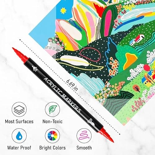 Recheel 72 Colors Acrylic Paint Markers, Dual Tip with Fine Tip and Brush Tip Pens for Stone, Wood, Canvas, Glass, Ceramic, Metal, Rock, Fabric, DIY Art Projects thumbnail 6