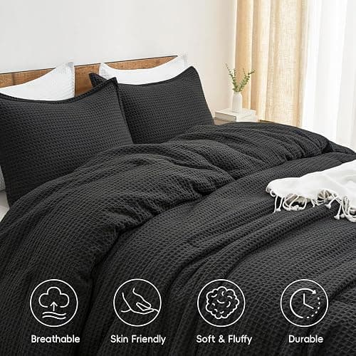 PHF Ultra Soft Waffle Weave Comforter Set King Size, 3 Pieces Lightweight Breathable Comfy Bedding Set, Comfy Textured 1 Comforter with 2 Pillow Shams, Black thumbnail 3