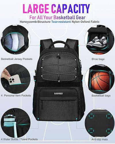 LOINTET Basketball Bag Backpack with Ball Holder Shoes Compartment, Large Basketball Accessories Sports Bag thumbnail 4