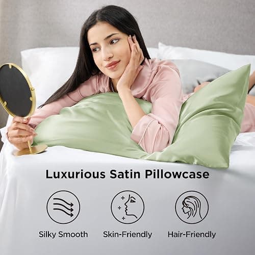 Bedsure Satin Pillowcase 2 Pack Similar to Silk Pillow Cases Standard Size, Pillow Case for Sleeping Women with Envelope Closure, Gifts for Women Men, Sage Green, 20x26 Inches, 2pcs thumbnail 3