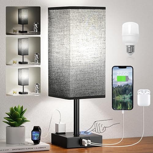 aooshine Black Lamp for Bedroom-Touch Lamp with USB-C+A and AC Outlets,3 Way Bedside Nightstand Square Table Lamp for Kids, Guest Room Living Rroom,Office, 800 Lumens 5000K Daylight Bulbs Included thumbnail 7