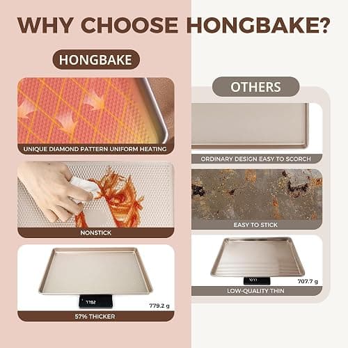 HONGBAKE 9-Piece Baking Pans Set Nonstick, Stackable Non Toxic Bakeware Sets with Diamond Texture, Oven Pan Set for Cooking, Includes Cookie Sheet with Rack, Cake Pan, Roasting Pan, Muffin Tin, Gold thumbnail 5