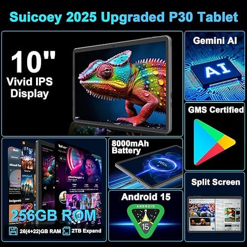 Android 15 Tablet with Keyboard - 26GB RAM + 256GB ROM, 2TB Expand, 10 inch 2-in-1 Tablets with 5G/2.4G WiFi, 8000mAh, BT5.0, 5MP+13MP, Split Screen, Widevine L1, Mouse, Case, Stylus (Black Case) thumbnail 4