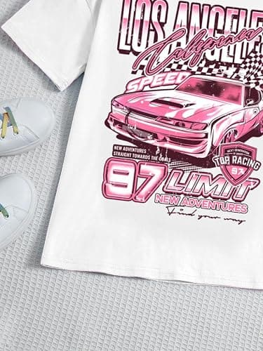 WDIRARA Girl's Car Letter Graphic Print Round Neck Short Sleeve Tee Summer Casual T Shirt thumbnail 4