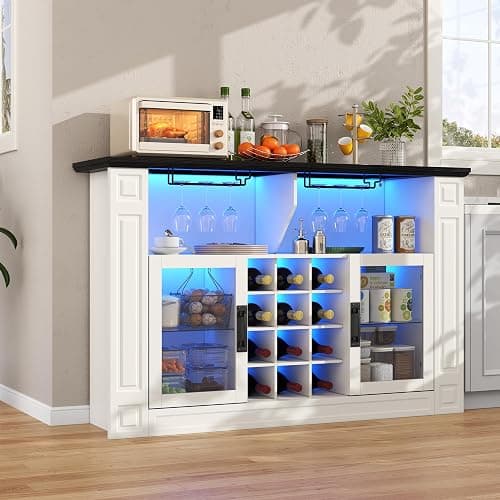 Gyfimoie Wine Bar Cabinet with LED Light, Kitchen Coffee Bar Cabinet with Glass Rack and Removable Wine Racks, Liquor Cabinet with Glass Door, Home Bar with Storage for Dining Room, Living Room thumbnail 6