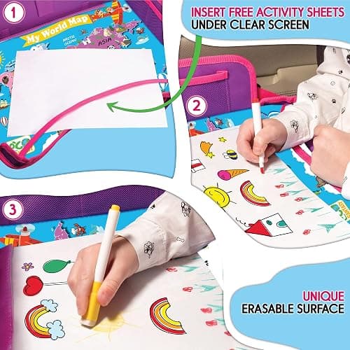 ECOFANTASY Kids Travel Tray - Waterproof Lap Table with No-Drop Large Tablet Holder - Car Seat Tray - Road Trip Essentials Kids - Car Desk Organizer for Airplane - Toddler Travel Essentials (Pink) thumbnail 6