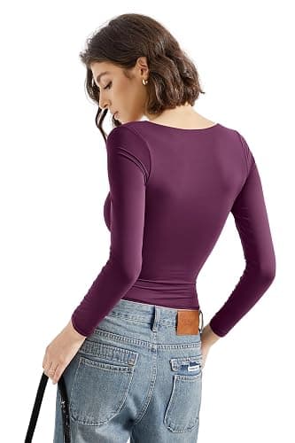 SUUKSESS Women Square Neck Long Sleeve Tops Double Lined Going Out T Shirts thumbnail 4