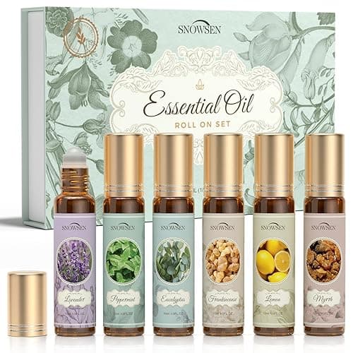 SNOWSEN Essential Oils Roll On Set, Natural Aromatherapy Oils for Skin, with Glass Rollerball, Lavender, Peppermint, Frankincense, Eucalyptus, Lemon, Myrrh, Essential Oil Roll On Gift Set, 6 x 10ml - Image 1