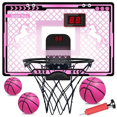 Basketball Hoop Indoor Kids Girls Pink - Mini Over The Door Basketball Hoops with Electronic Scoreboard Toys & 3 Balls, Unicorn Birthday Gifts Age 5 6 7 8 9 10 11 12 Year Old Girls - Image 1
