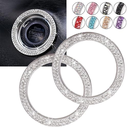 ToBeQueen Car Bling Ring Crystal Car Stickers Rings Womens Car Decals,2Pcs Push Start Button Bling Ignition Ring Sticker,Bling Car Interior Accessory for Women,Silver - Image 1