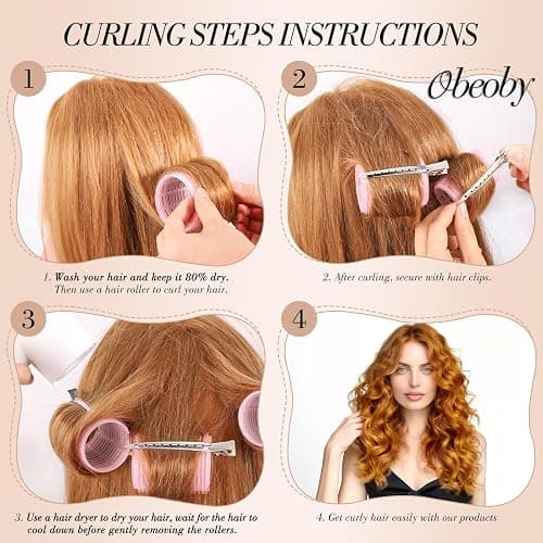 obeoby 4 Sizes Self-Grip Hair Rollers Curlers Set for Women Girls, Pink | No-heat Set with Clips Comb (25, 36, 48, 60mm) Plastic Jumbo Large Small for Long Short Curly Bangs Styling Accessories Gifts thumbnail 3