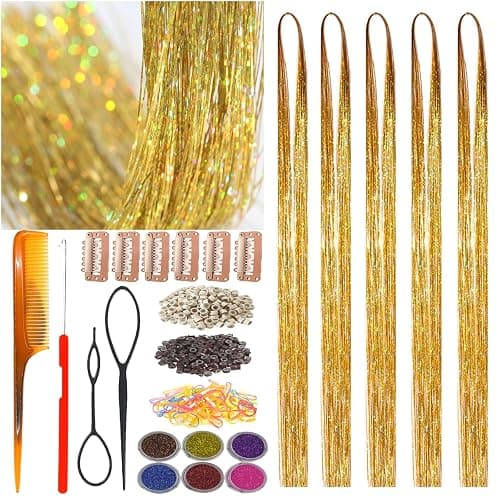 Celinebella Metallic Gold Hair Tinsel, 5 Bundles Full 48 Inch Length, Premium Soft Smooth Strands Heat Resistant for Casual Office Party Styling - Image 1