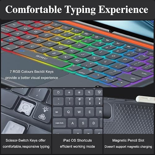 WIWU for iPad Case with Keyboard 11 Inch A16 10th Gen 3 in 1 Magnetic Detachable Keyboard Case Adjustable Stand Backlit Keys with Touchpad (Grey, for iPad 11/10/Air 5/4/11"(M2/M3) Pro 11" 4/3/2/1) thumbnail 4