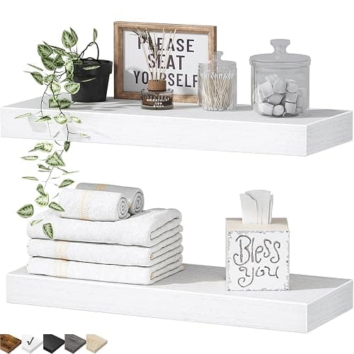 QEEIG Bathroom Floating Shelves for Wall - 15.7" Wall Mounted Shelf Over Toilet Farmhouse Home Decor Display Bookshelf Small 15.7 x 6.7 inch Set of 2, White (008-40W) - Image 1