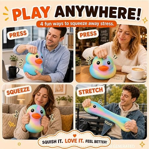 Duck Squishy Squeeze Toy,Cute Jumbo Stress Relief Fidget Toy (Rainbow) | Rubber Sensory Toys for Anxiety,Giant Stress Balls for Adults,Party Favors Class Prize Goodie Bag Fillers thumbnail 6