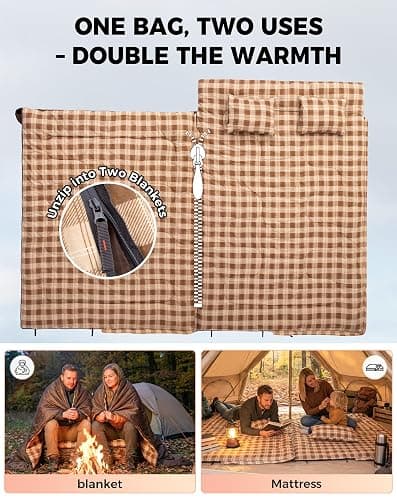 KingCamp Double Sleeping Bag for Adults, Queen Size 2 Person Sleeping Bag | XXL 100% Cotton Flannel Waterproof,Lightweight,Includes 2 Pillows Sleeping Bag,Perfect for Couples Family Camping Hiking thumbnail 6