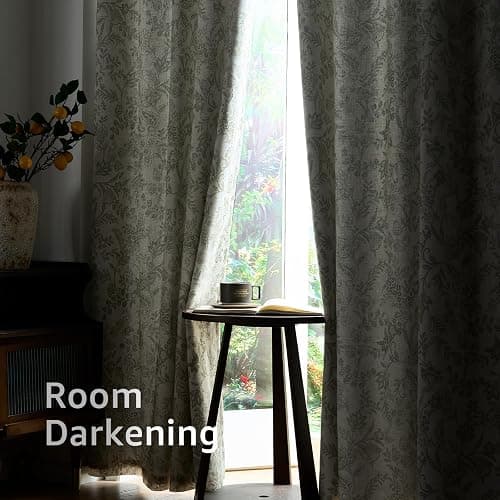 Lazzzy Linen Farmhouse Lined Curtains Green Floral 84 Inch Length Back Tab Drapes for Living Room Bedroom Flower Patterned Country Vintage 2 Panels Set Rod Pocket Green on Beige thumbnail 5