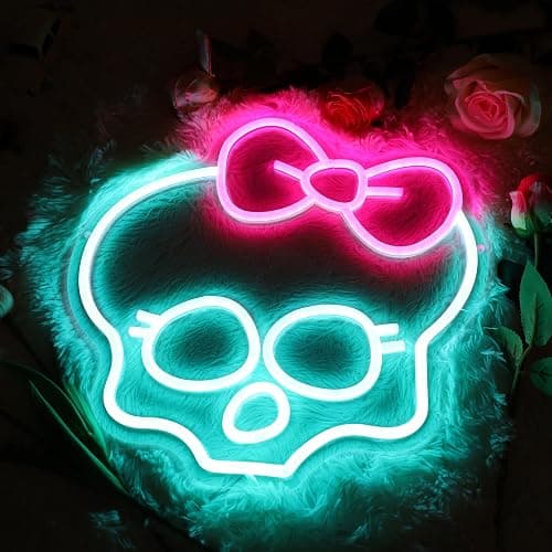 Skull Neon Sign for Room Decor Monster High Neon Light LED Skull with bow Sign Neon Sign for TV Series Fans Gifts Man Cave Wall Decor Dormitory Decoration USB Powered Dimmable 13"*12.6" thumbnail 7