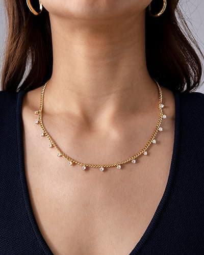 PAVOI 14K Gold Plated Station Necklace - Simulated Diamond Layering Necklaces - Womens CZ Chain thumbnail 2